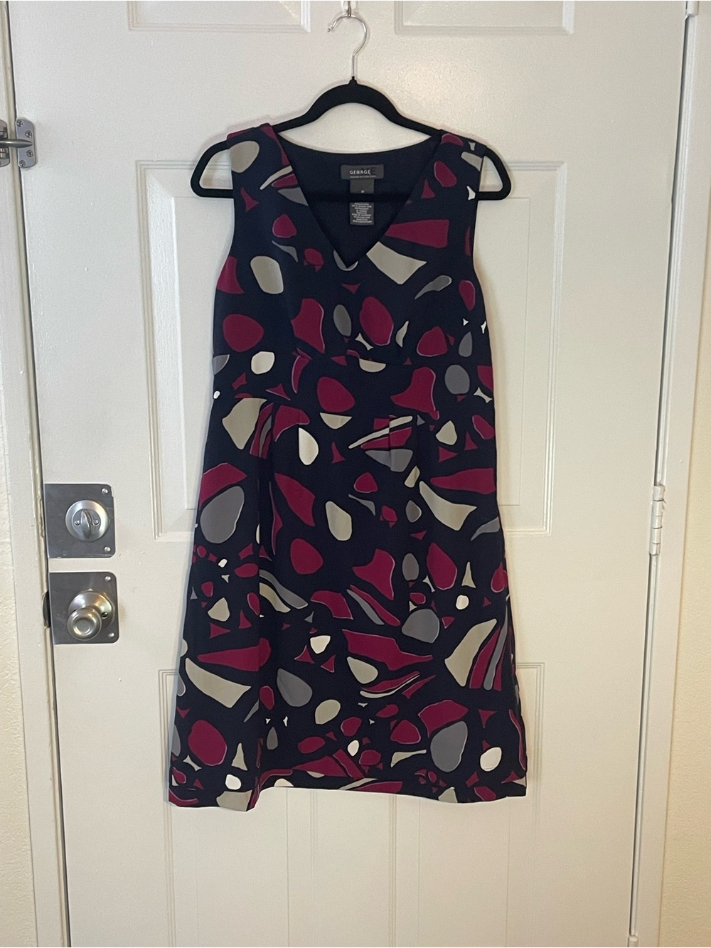 George V-Neck Midi Dress in Black with Burgundy & Gray Shapes